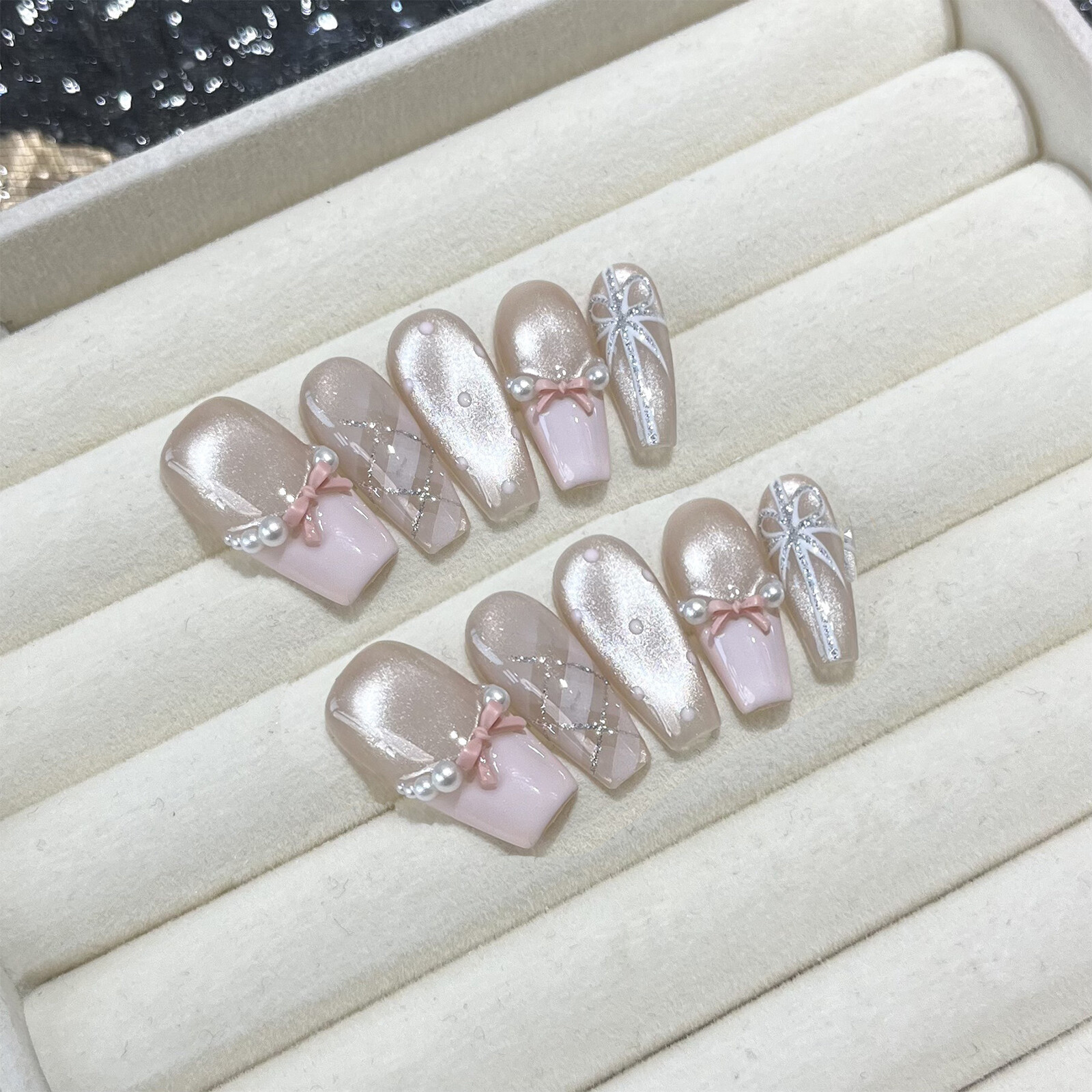 Handmade False Nail French Pink Clear Cat Eye Checkered 3D Bow Press On Nail