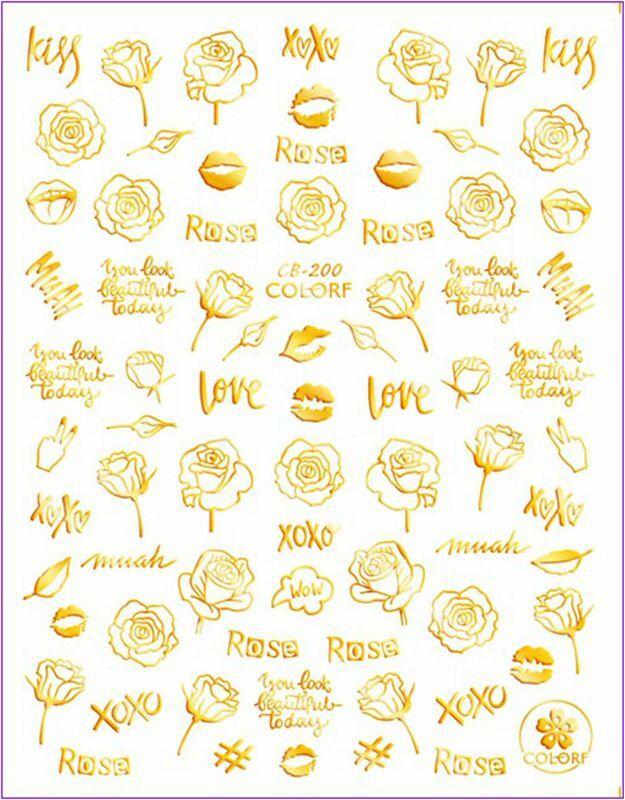 Nail Art 3D Decal Stickers Gold Design Flowers Roses XOXO Kiss CB200