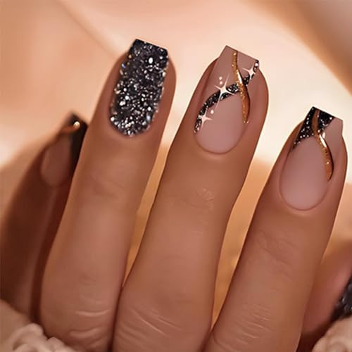 Square Press on Nails Short Black Fake Nails Silver False Nails Gold coffin 16