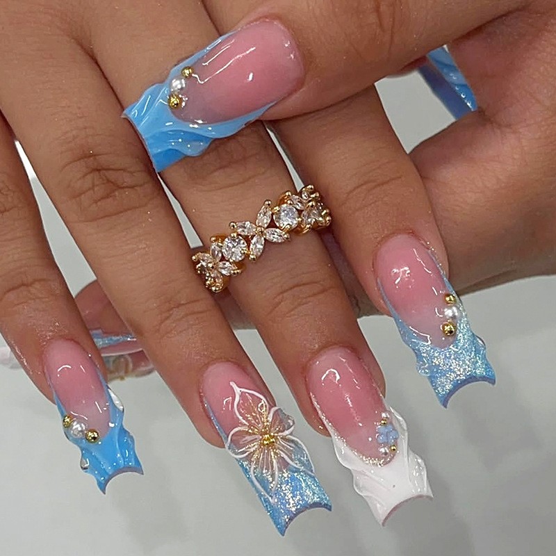 48pcs Long Square Press on Nails, Blue White Lace Flower Pearl Rhinestone Nails