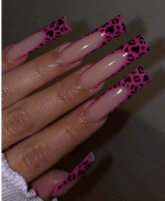32 pcs Nails Set, Pink Leopard Print French Manicure Style, Full Cover Nails