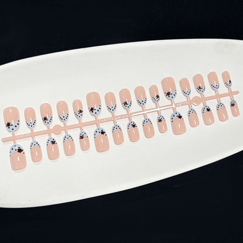 60Pcs-Short Oval Nude Light Blue Dot Flower Fake Press on Nails Set