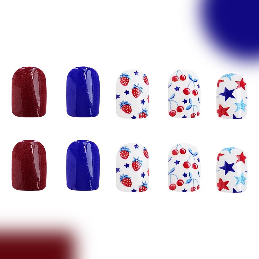 24Pcs 4th of July Press on Nails – Blue Red Short Square Acrylic False Style11