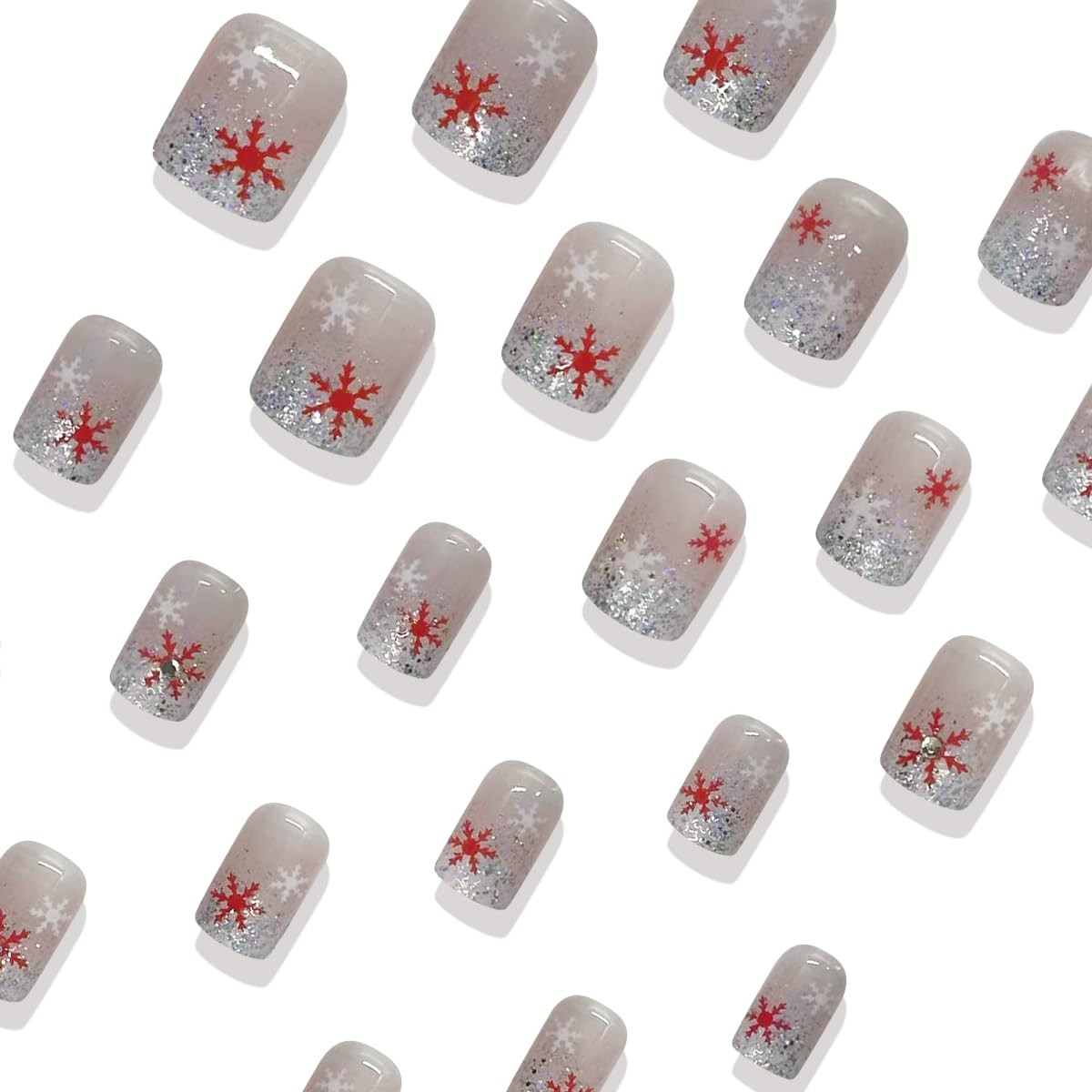 24Pcs Christmas Press on Nails Short Square Fake Nails Red White Snowflake Rhine