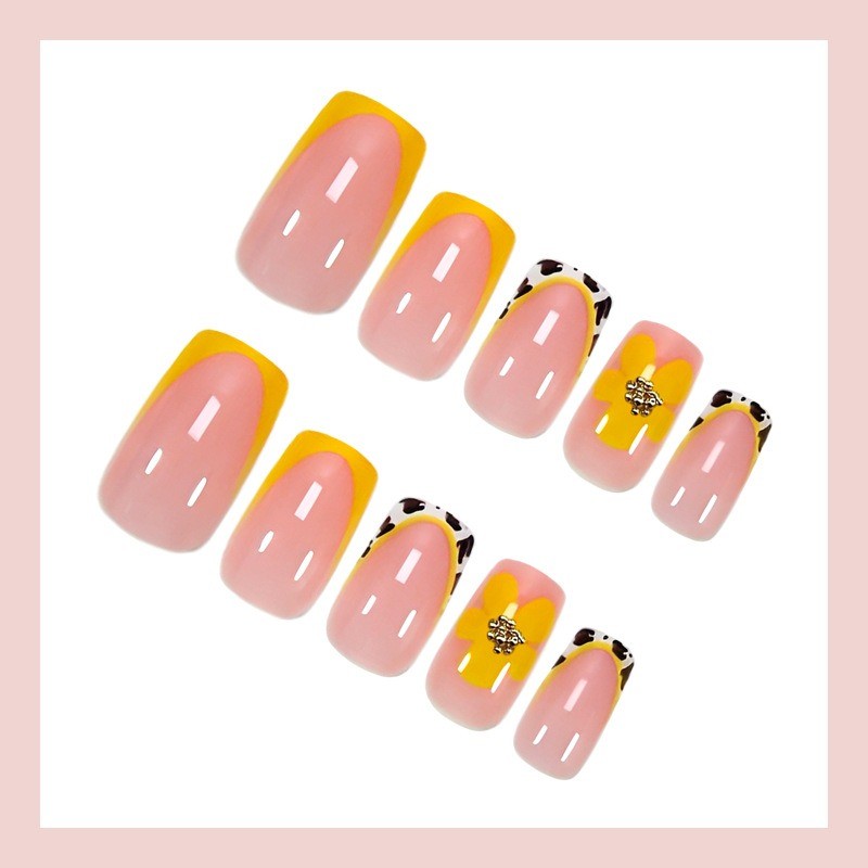 48 Pcs of Yellow Flower Cow Pattern Sparkling Diamond French Detachable Nail Art