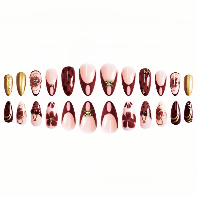 24pcs-Luxury Brown Almond Nails with Nude Base, Tortoise Print and 3D Floral Art