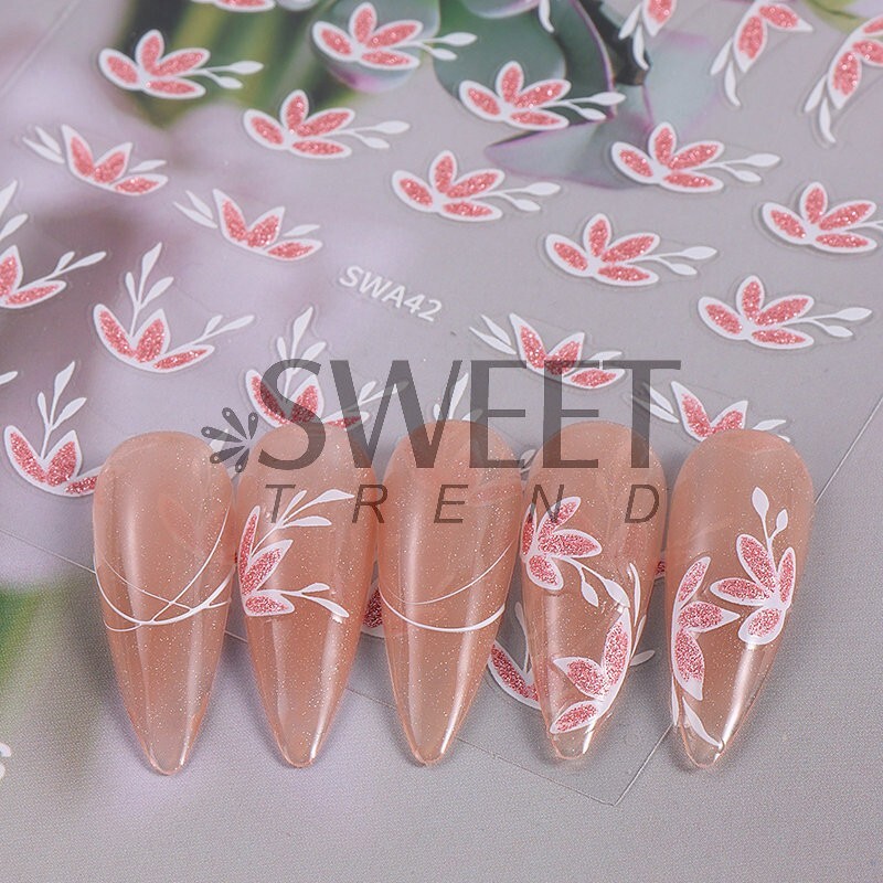 2Pcs White Pink Glitter Flower Floral Star French Nail Art Stickers Decals NH28