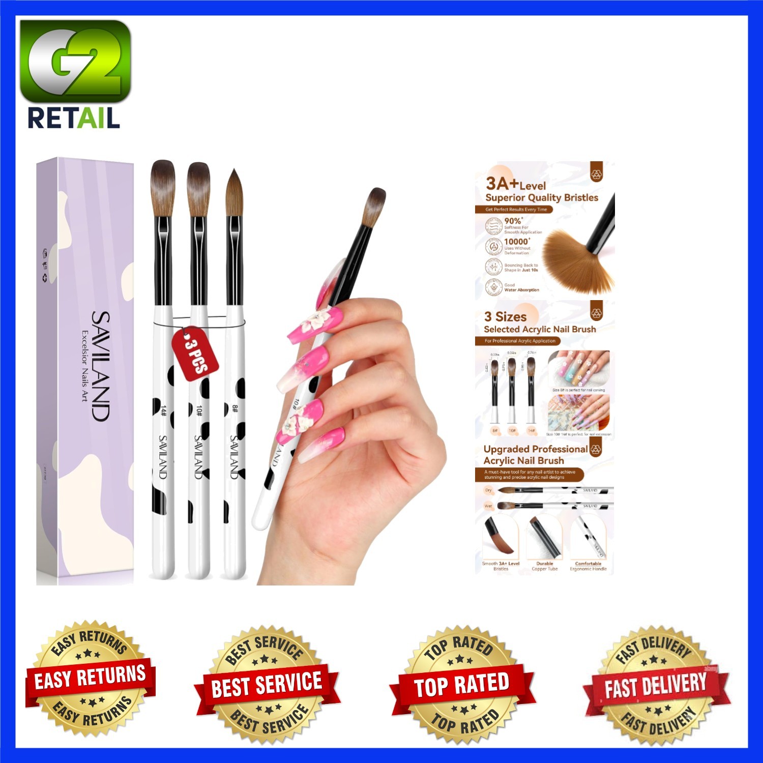 Colorful 3-Piece Acrylic Nail Brush Set – Sizes 8, 10, 14 for Creative Nail Art