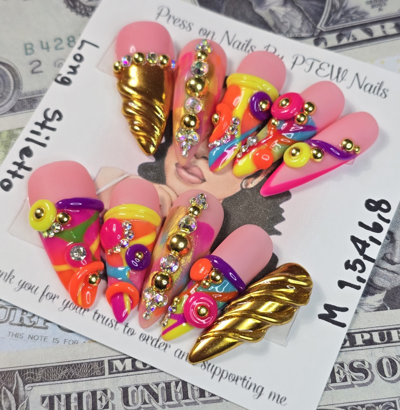 Handmade Press On Nails, Colorful Nails,Medium Size 1,5,4,6,8 Long Stiletto