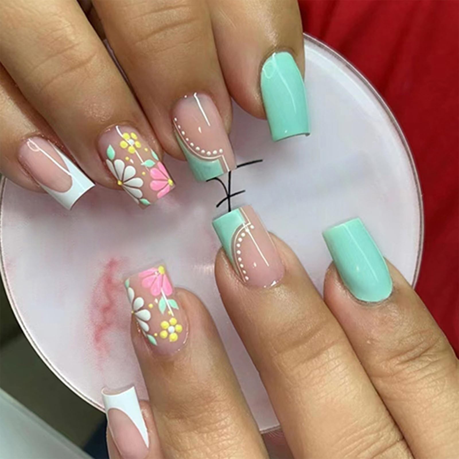 Light Green French Tip Press on Nails Short Square Fake Nails with Colorful F…