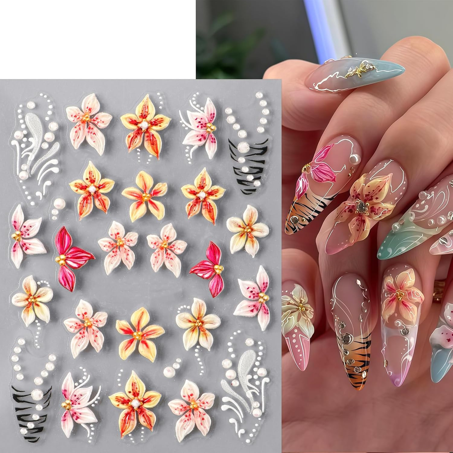 3Sheets Flower Nail Art Stickers Decals 5D Embossed Hibiscus Nail Stickers Lily