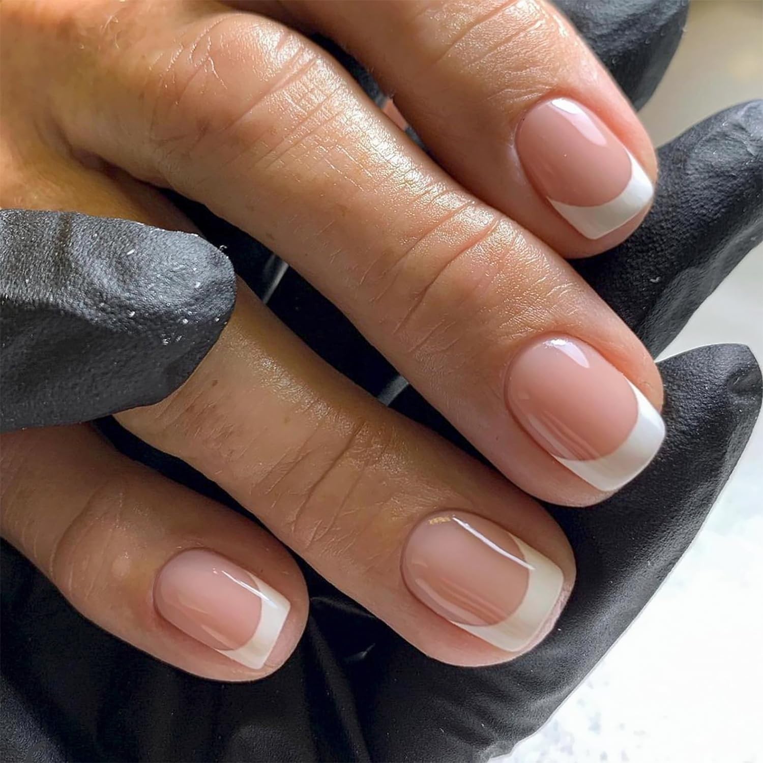 24 Pcs Glossy Short Square False Nails – Nude Pink French Tip Design for Women