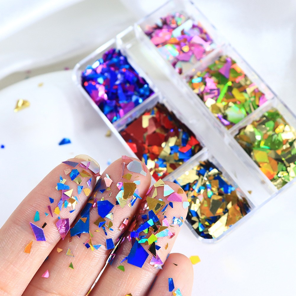 6 Grids Nail Art Flakes Irregular Broken Glass Paper DIY Manicure Decoration