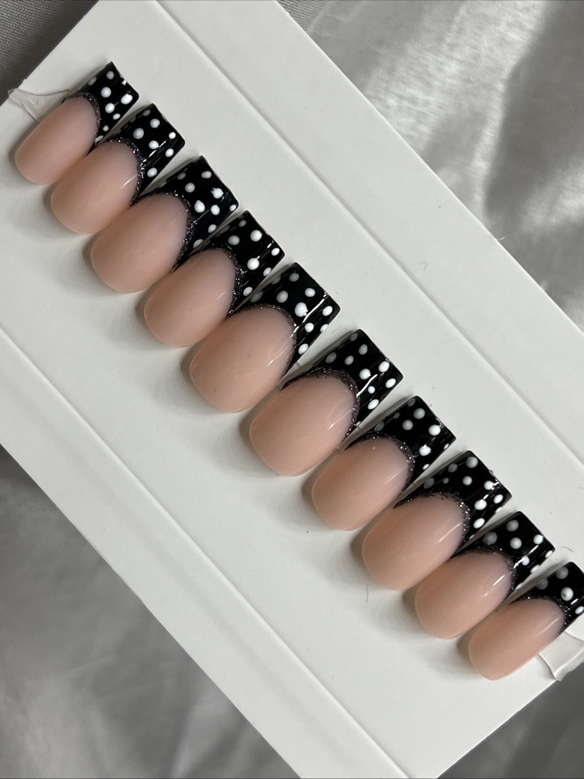 🌸 CUSTOM Press On Nails FRENCH BLACK Flower PINK 10p SET W Kit
