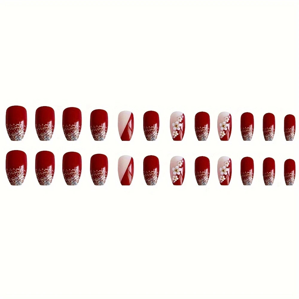 24pcs Wine Red Press-On Nails with Golden Glitter & Rhinestones – Medium Square