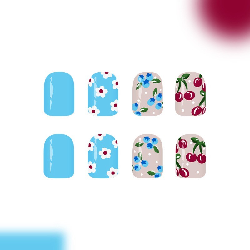 48PCS Short Square Pink Blue Cherry Blossom Reusable Pink Blue Fake Nail Art