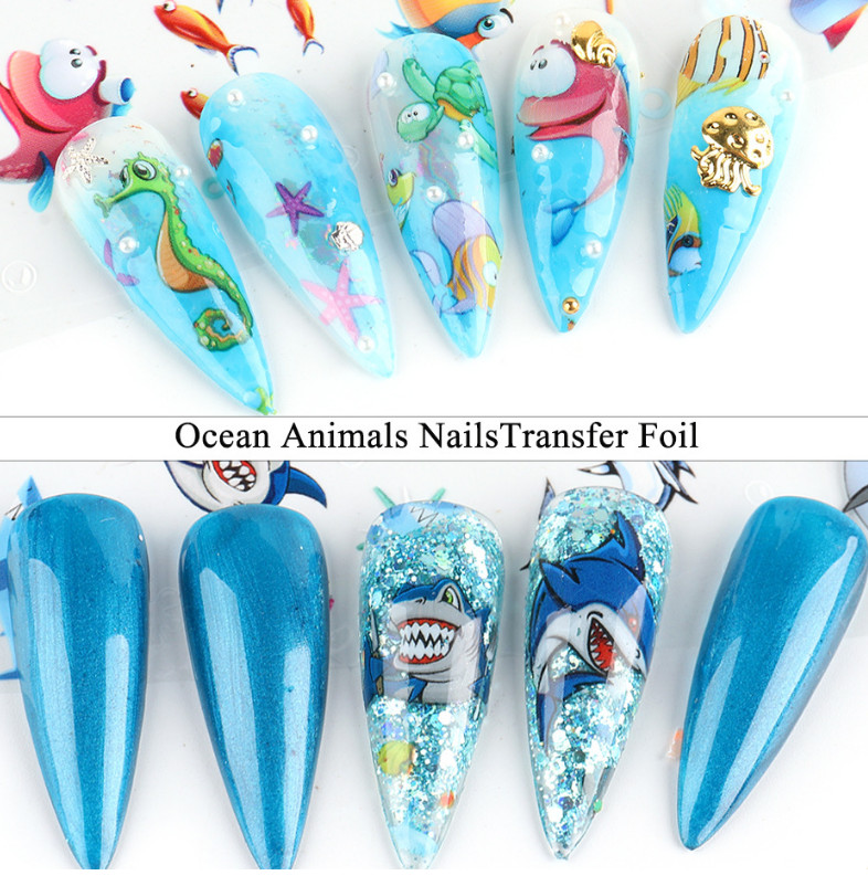 10pcs Ocean Shark Fish Star Turtle Nail Art Film Foil Transfer Decals SW7105