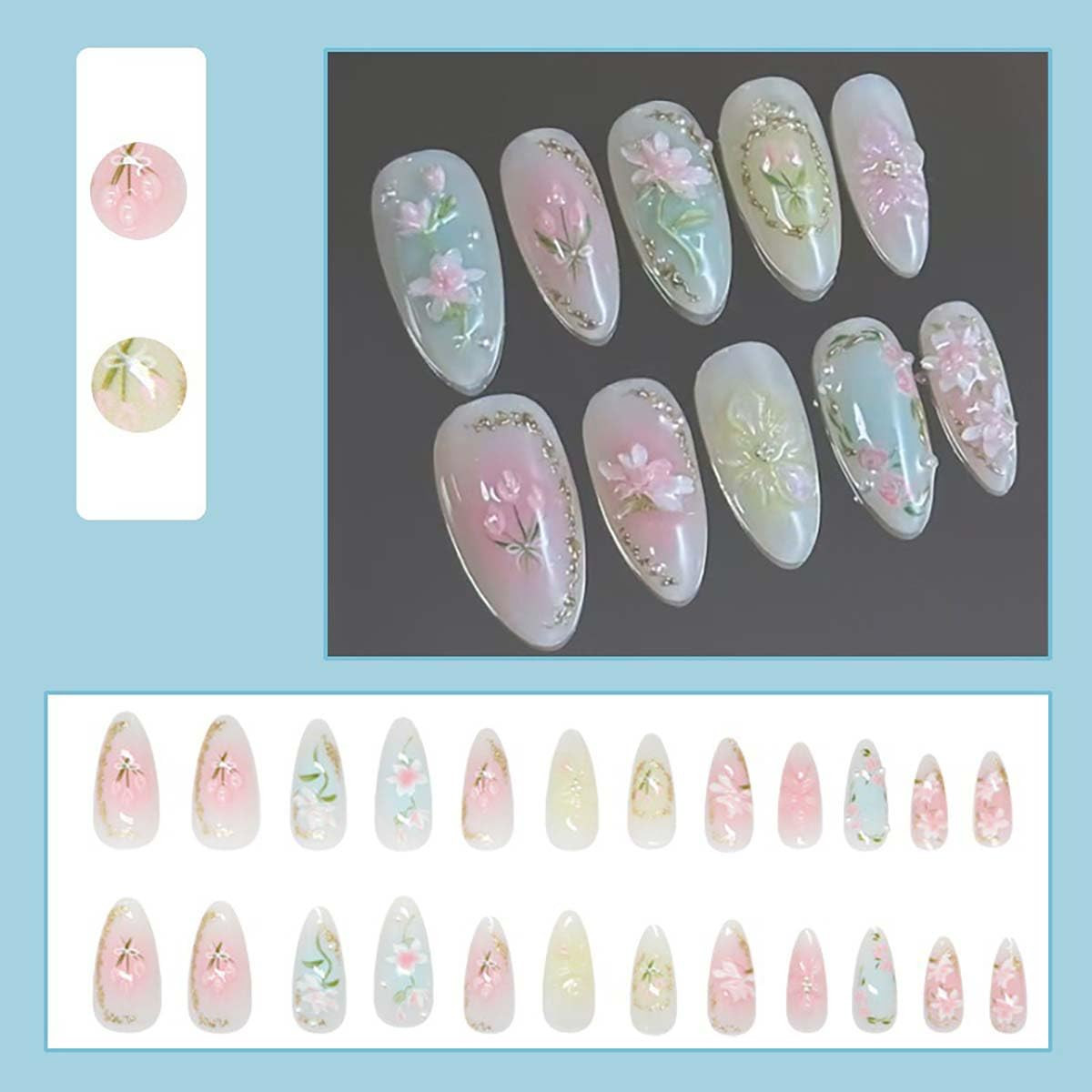 24Pcs Spring Press on Nails Medium Almond Pink Flower Leaf Fake Nails with 3D Go