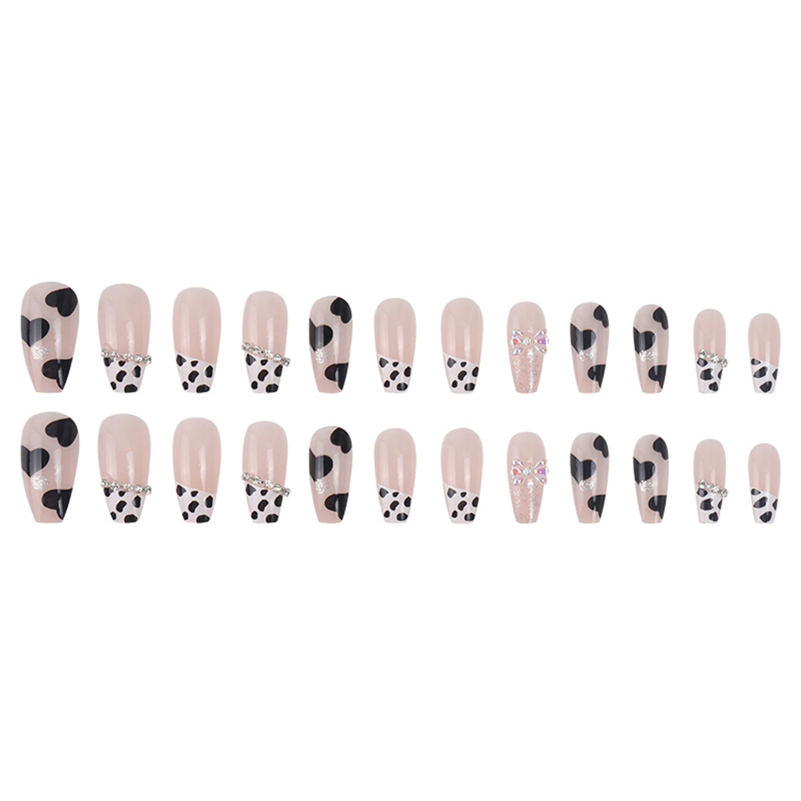 24Pcs Black Heart Cow Pattern Bow Korean Style Press On Nails