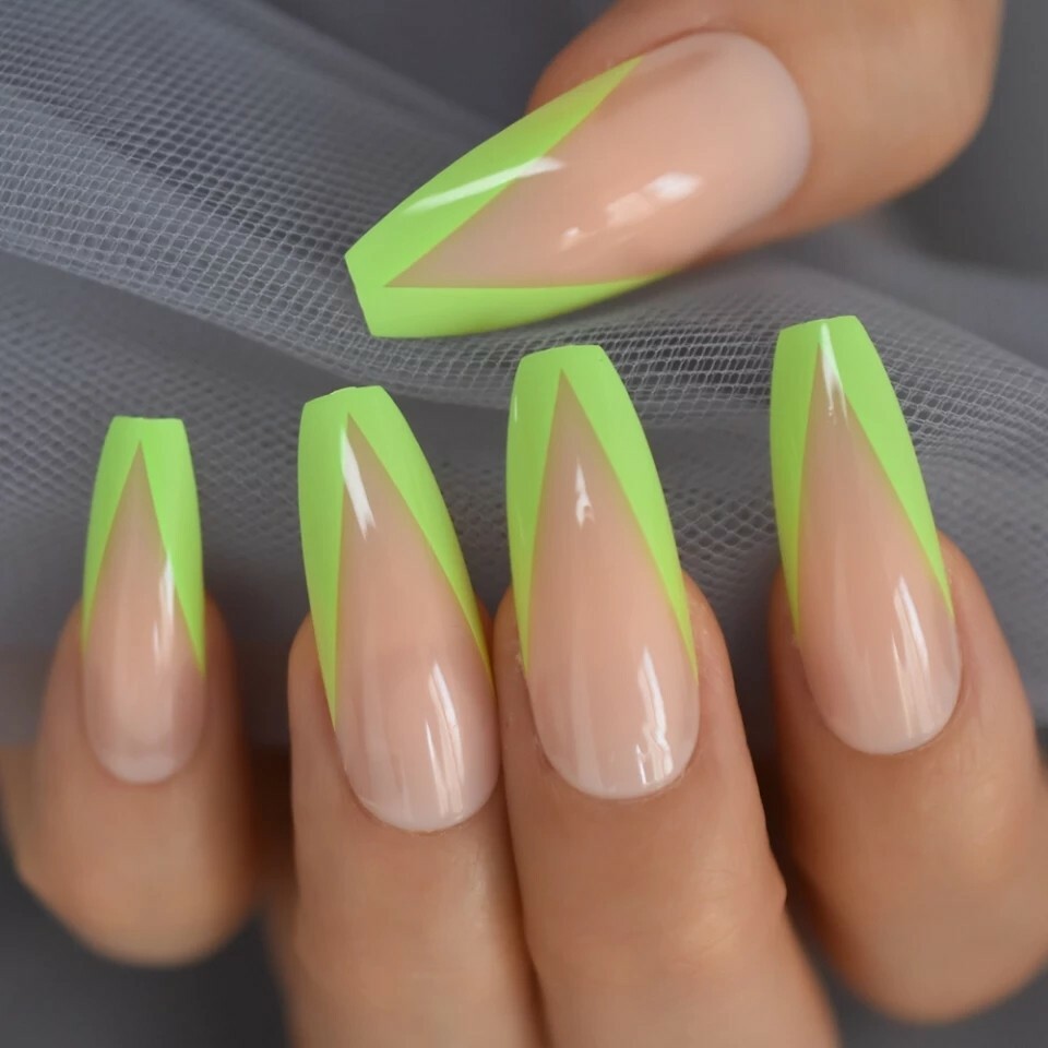 24 Nude Green Rim V Shape Press On Nails w/ Glue Coffin extra long neon