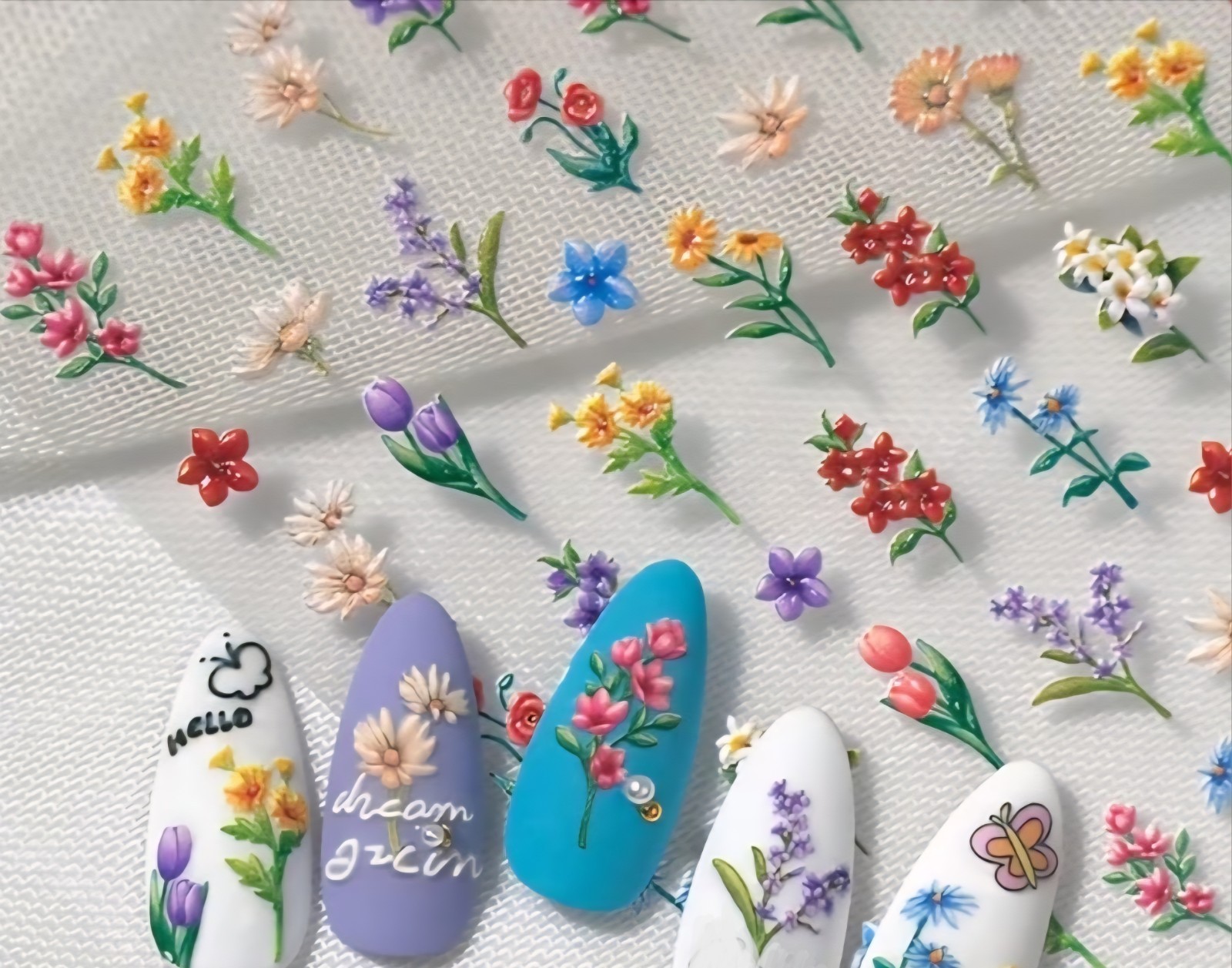 3D Floral Multicolor Nail Art Transfer Stickers Flowers Artistic Embossed Raised
