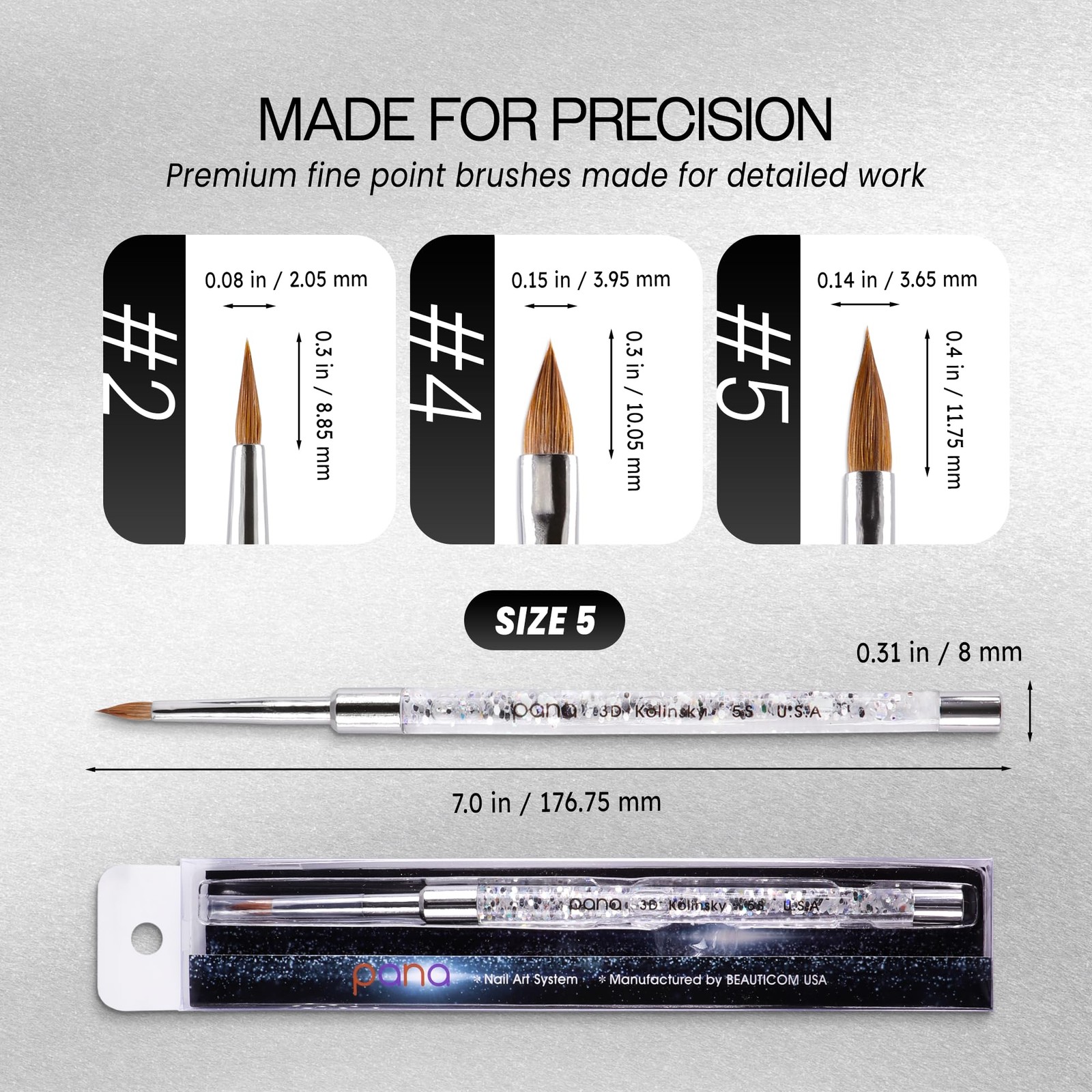 Glitter Silver 3D Nail Art Brush Size 5 Kolinsky Bristles for Detailing