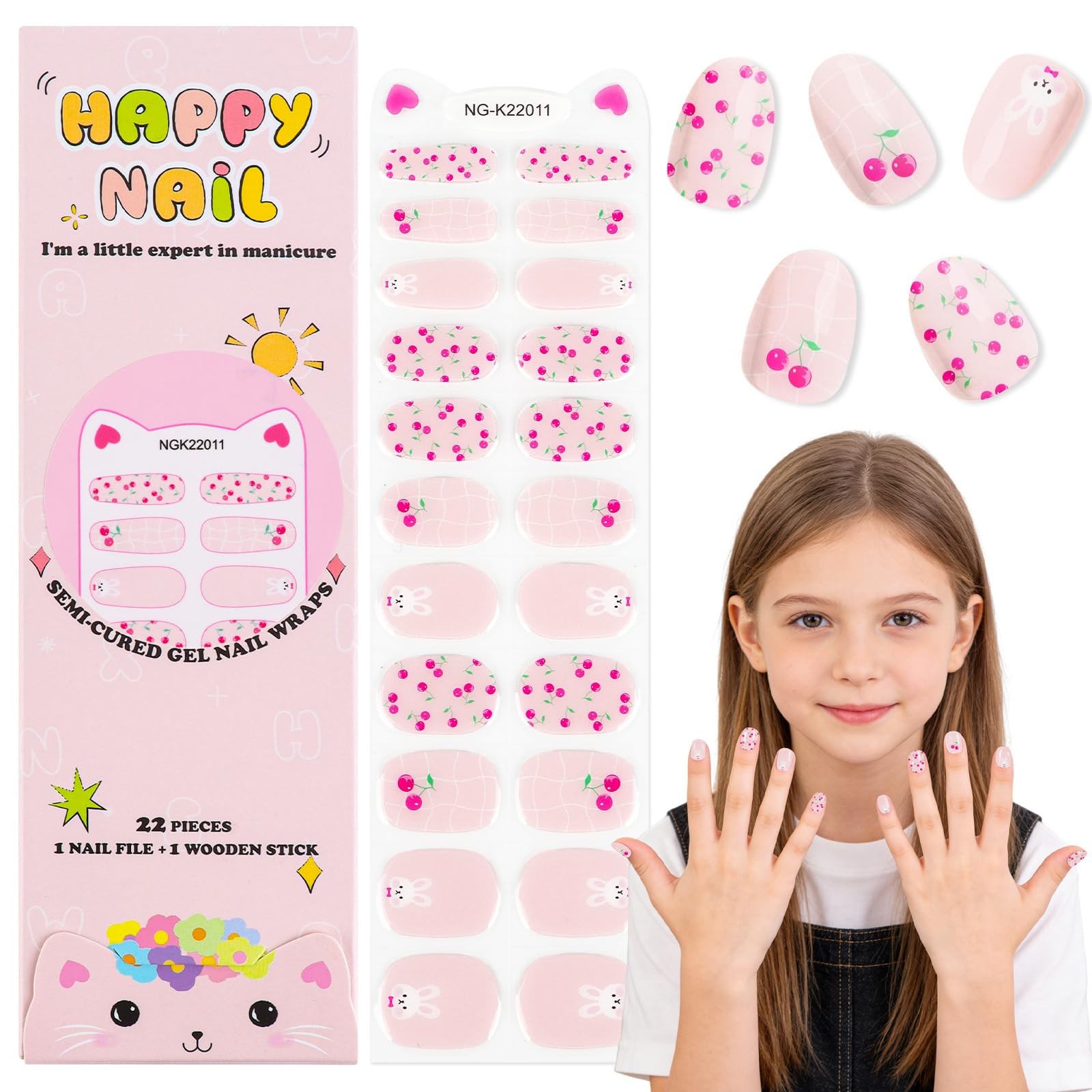 EBANKU Kids Gel Nail Polish Strips Cherry Cute Semi-Cured Nail Art Wraps | Fu…