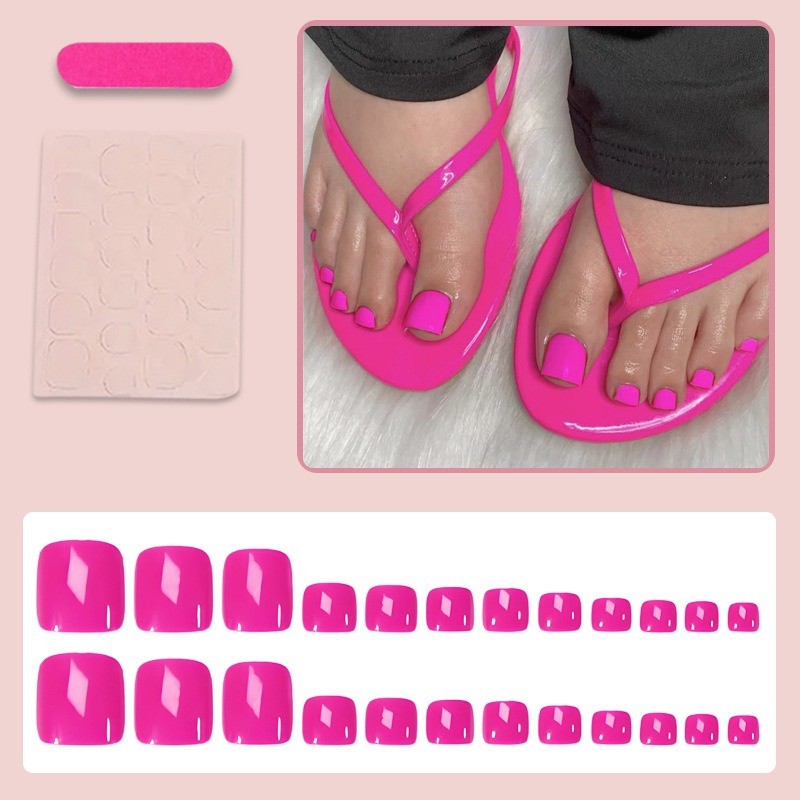 Bright Pink Press on Toenails, Short Square Full Cover Acrylic Fake Toe Nails