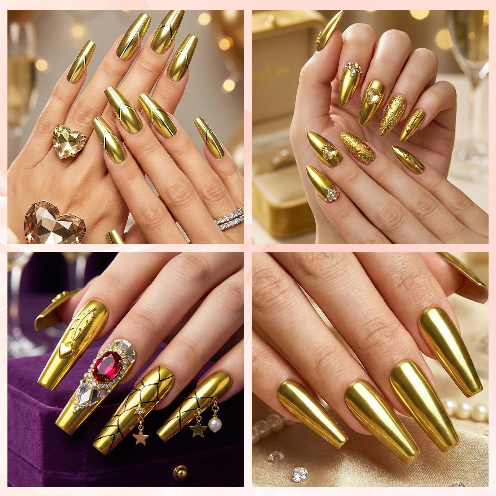 Chrome Nail Powder, Champagne Gold Metallic Nail Powder, Pigment Premium Mirr…