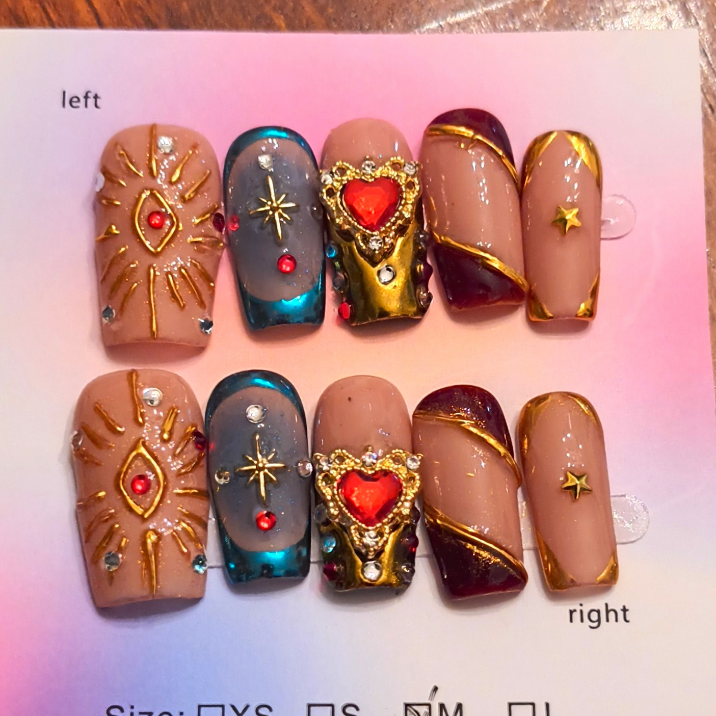 Press-On Nails Medium Square Beige Blue Gold 3D Star Full Cover Pre-Designed