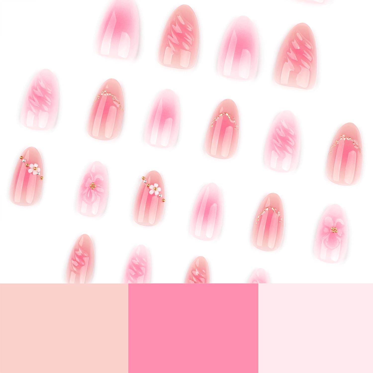 3D Flower Press on Nails Short Almond Fake Nails Pink Spring Nails Press Ons wit