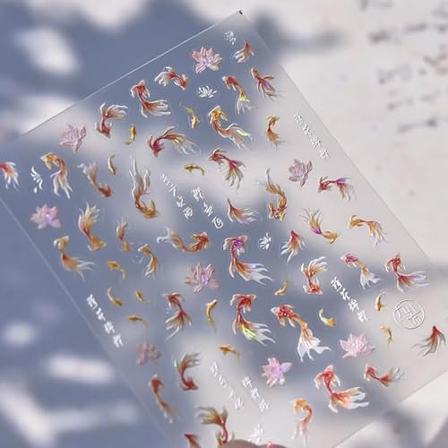 5D Embossed Nail Stickers for Nail Art Koi Fish & Lotus Leaf Design Nail Gold-1