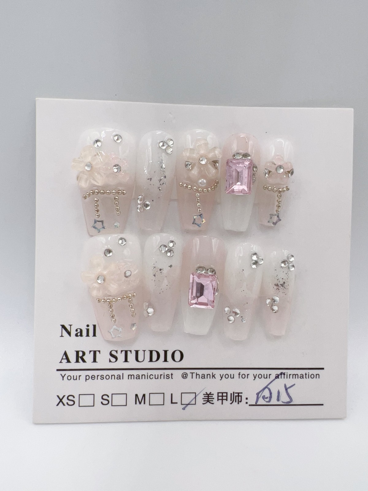 Medium Length Coffin Press On Nails with Rhinestone Gems – Large Size