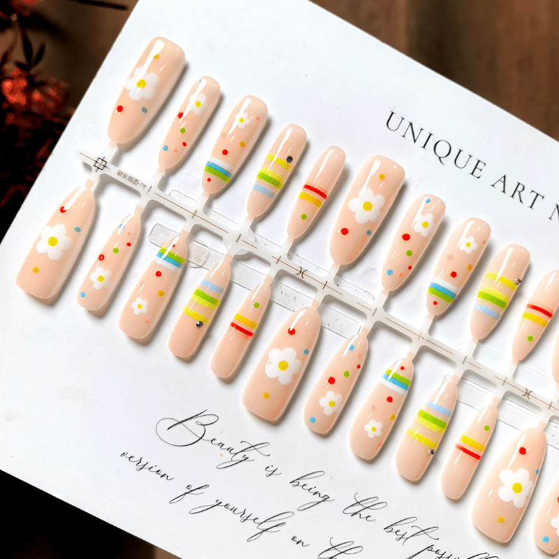 60pcs Almond Press on Nails, Clear Base Daisy Rainbow Stripes Summer Nails