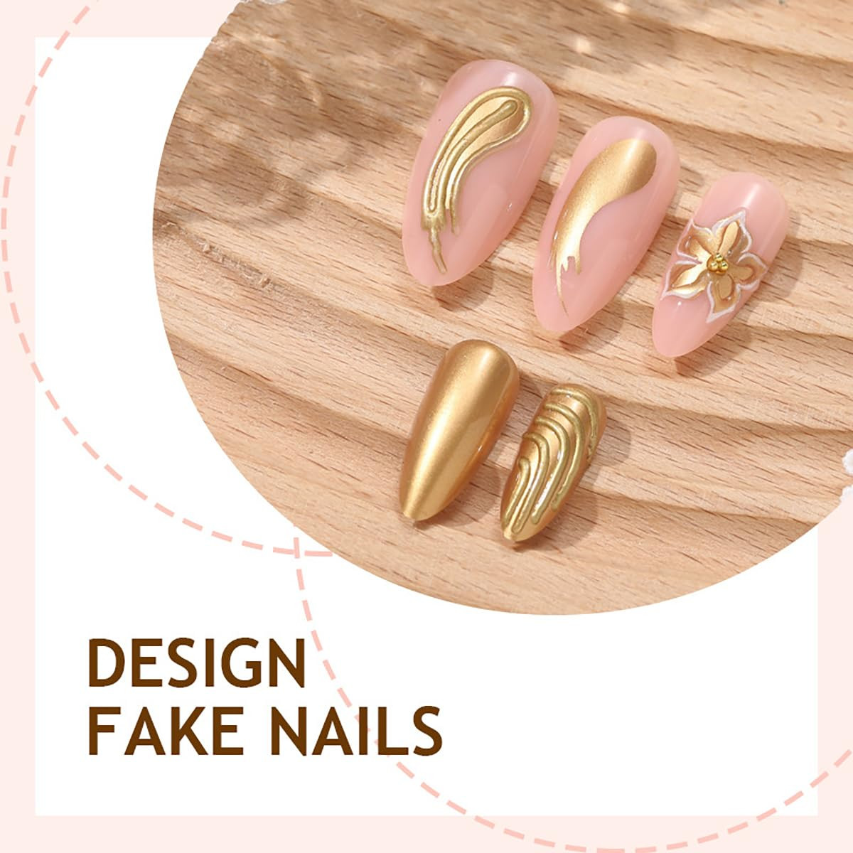 24Pcs Gold Flower Press on Nails Medium Almond Fake Nails Gold Chrome Full Cover