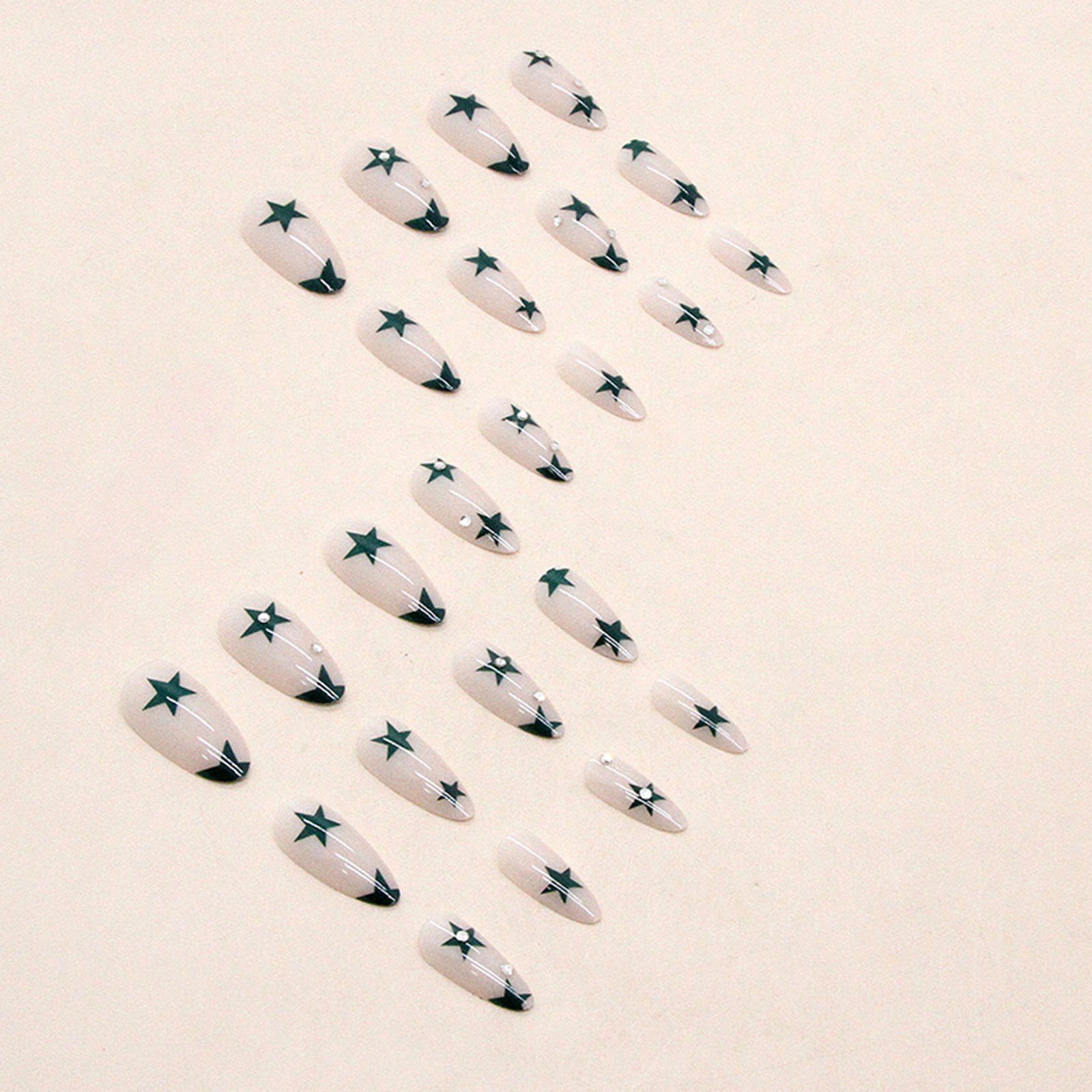 White Almond Press On Nail with Green Star Printed Rhinestone,Daily False Nail