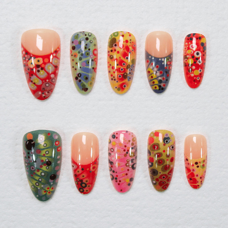 60pcs Almond Press on Nails, Nude Gradient Nails with Colorful Sunset Art Print