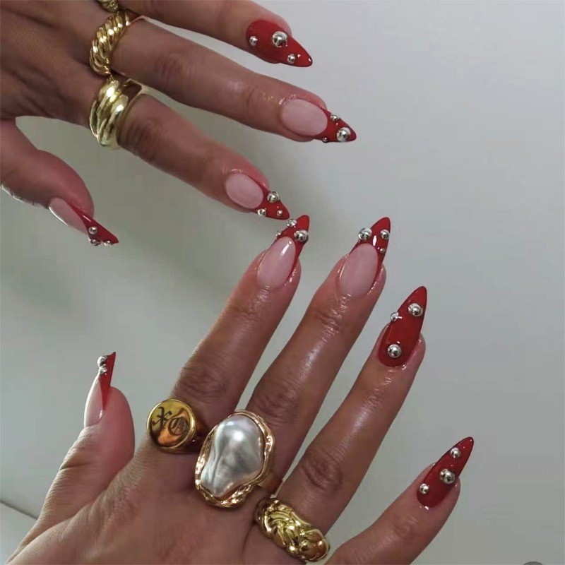 48pcs-Red French Tip Press on Nails, Almond with Silver Stud Accents for Women