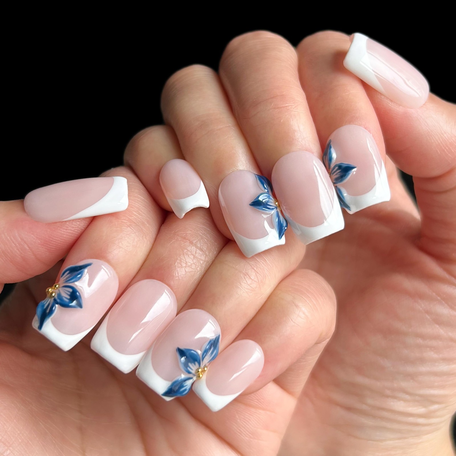 3D Handmade Press On Nails – Short Square French Tip Fake Nails, Blue Flowers, 1