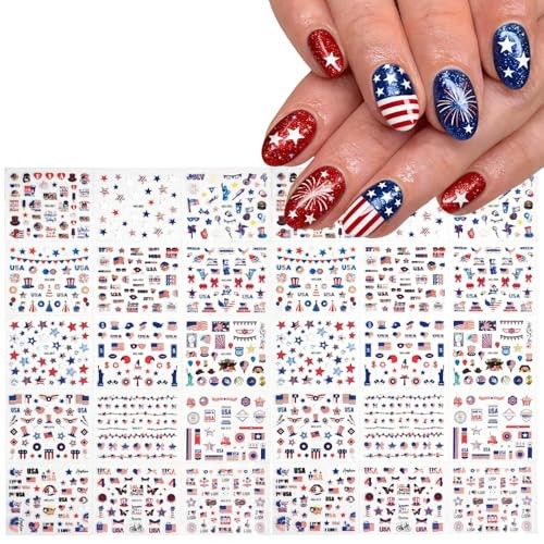4th of July Nail Stickers Red Blue White Nail Decals Star USA Regular Vbn-34