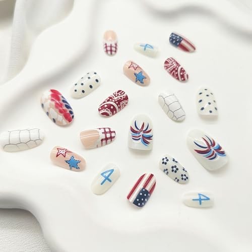 4th of July Press on Nails Short Oval Fake Nails America Flag Star Polka Dots