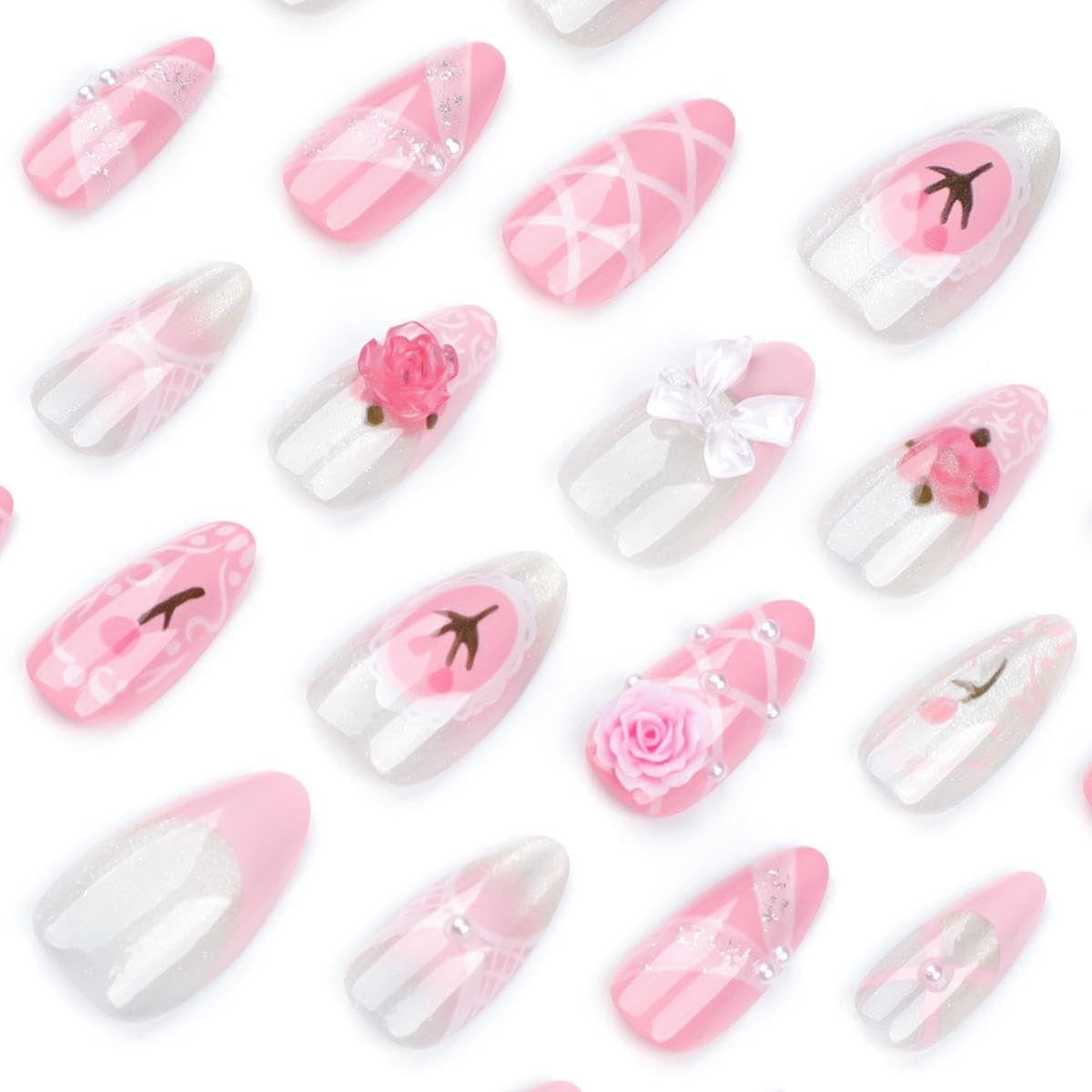 Handmade Press on Nails Medium Almond Fake Nails Pink False Nails with Pearl D
