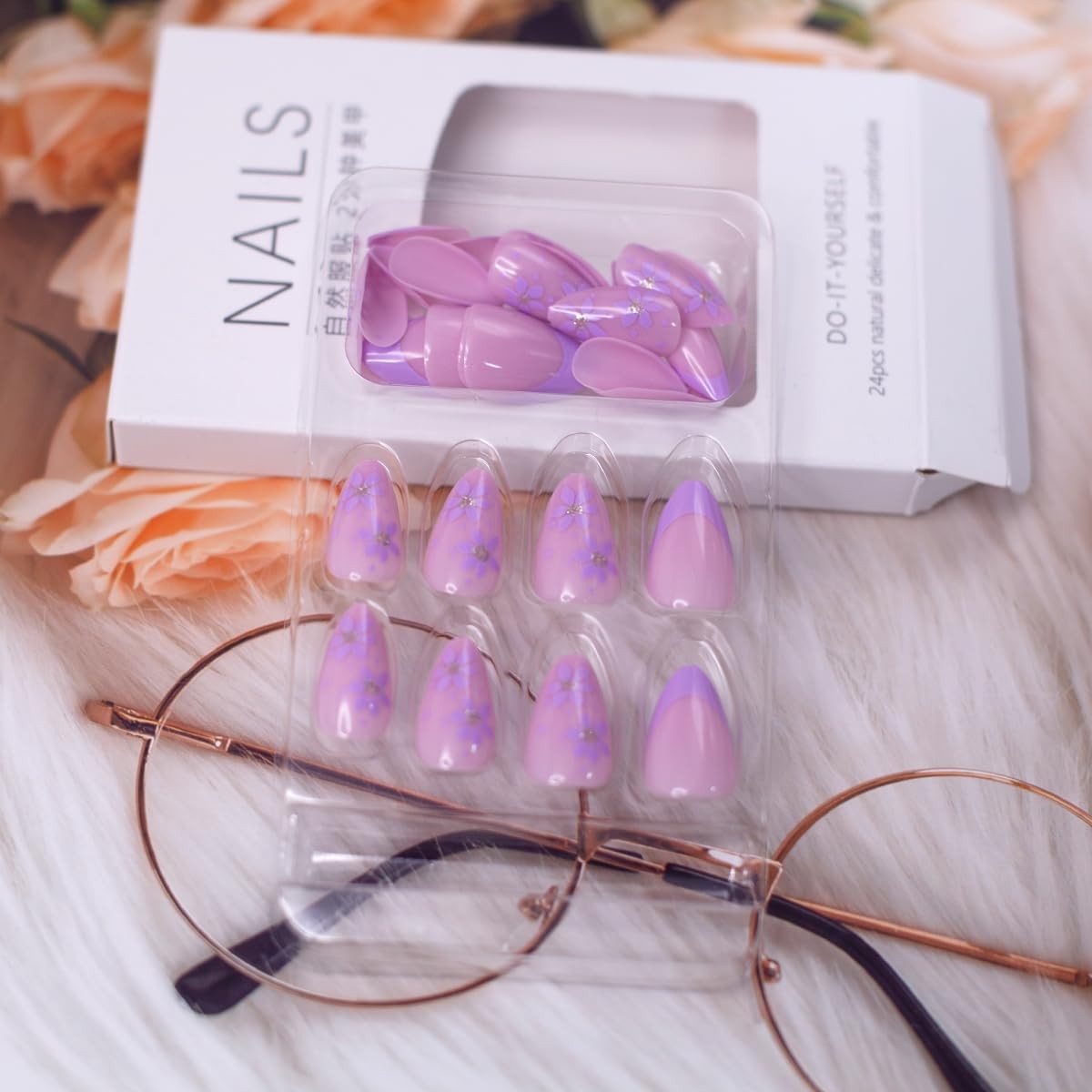 30Pcs Short Almond Press On Nails – Purple Flower French Tip short, A15