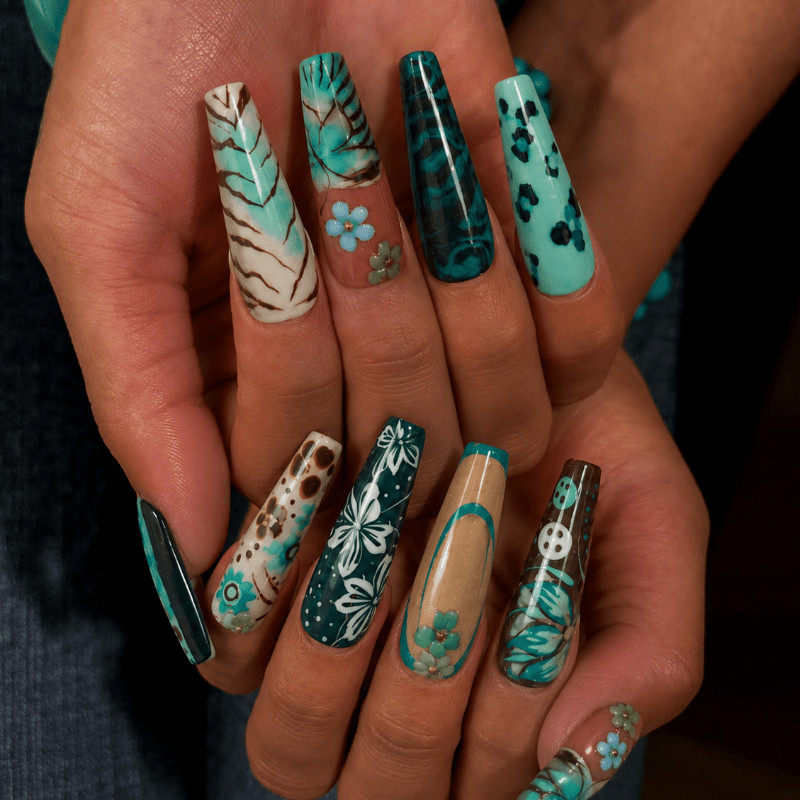 48 Pcs Teal Leopard Floral Coffin Press on Nails, Trendy Boho Fake Nails