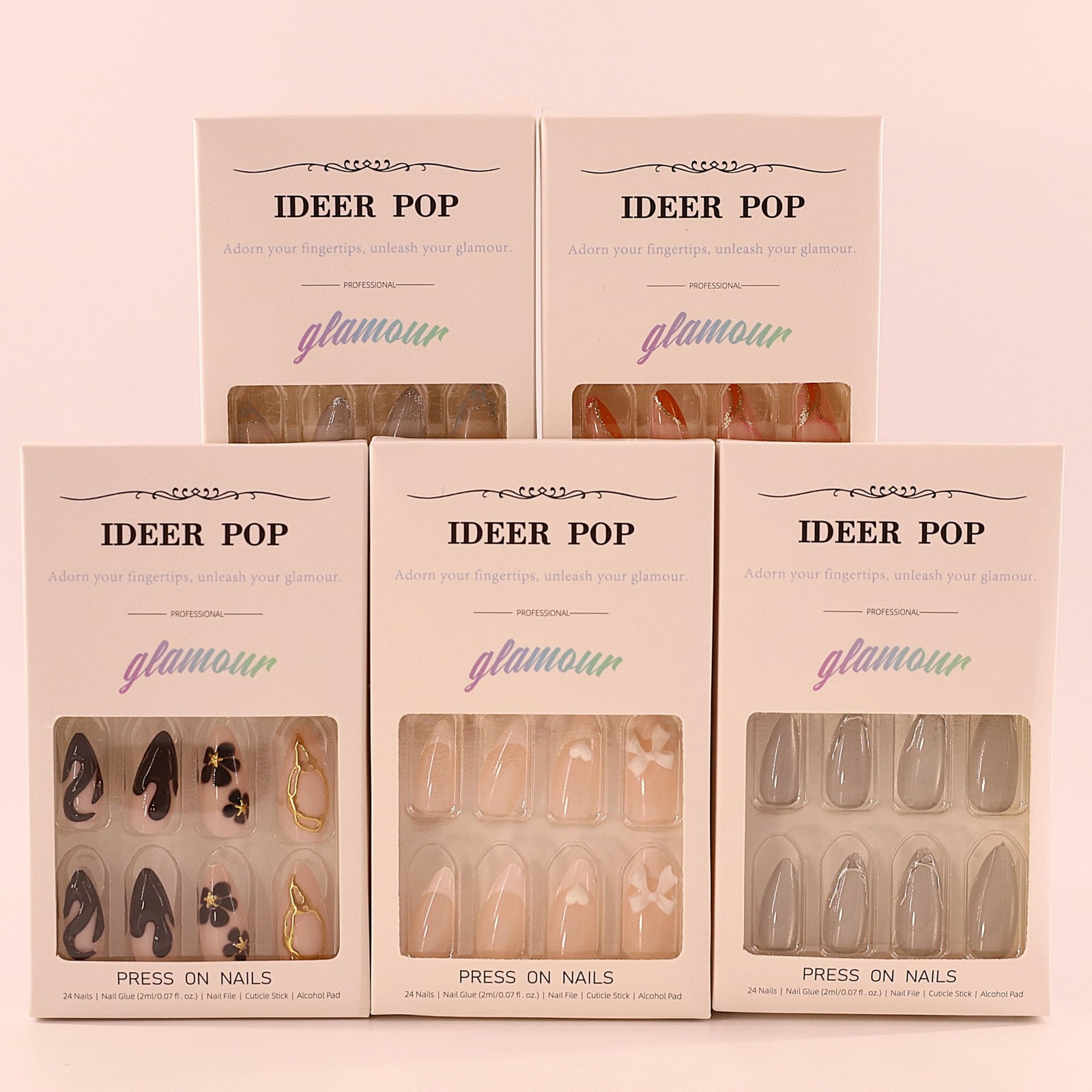 Press On Nails, 24 Pieces, French Tip with Gold Accent Design, Pink and Brown…