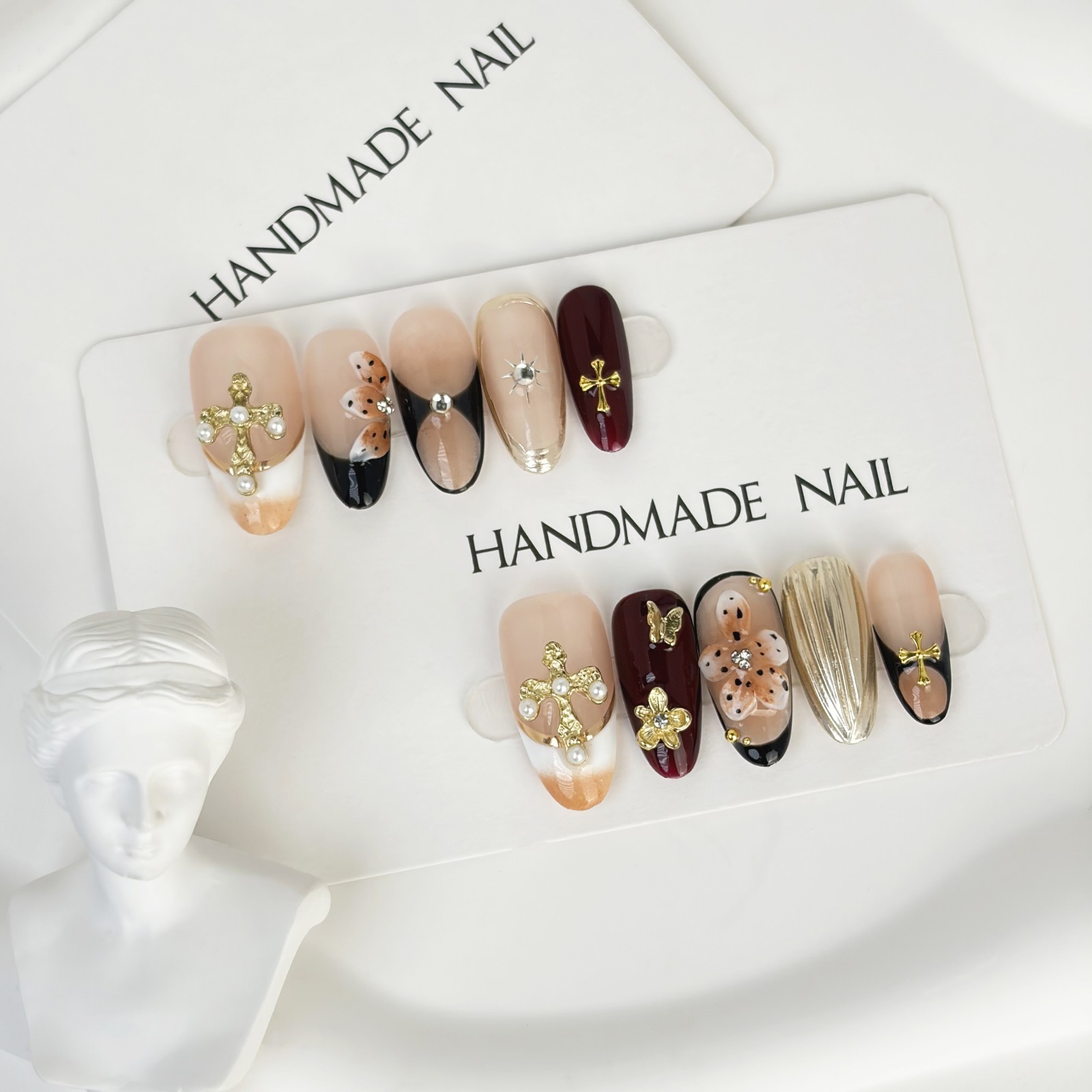 Sweet Gothic Rococo Press-On Nails with Pearl Cross & Metallic Accents Almond