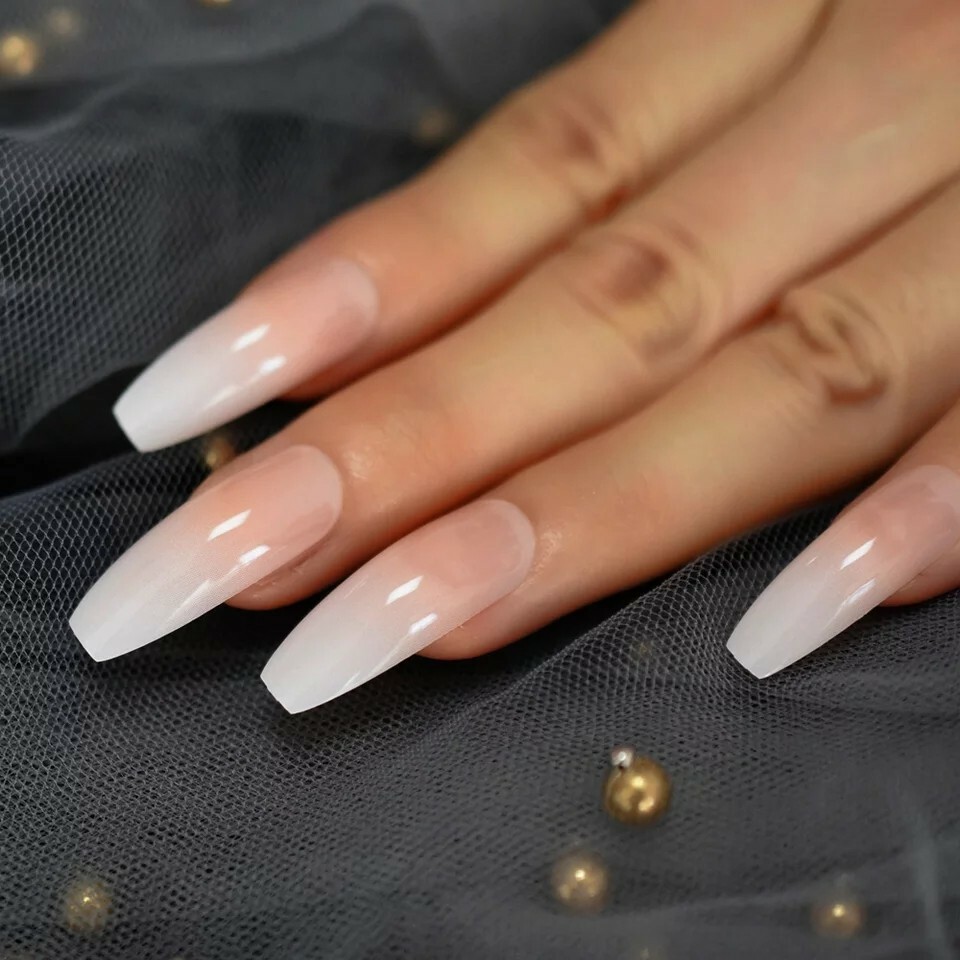 Ombre French Tip Press On Nails Extra Long Coffin White Nude Baby boomer classic