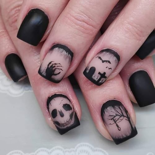 24pc Halloween Press On Nails Square Matte Acrylic Skull Bat French Tip Full Cov
