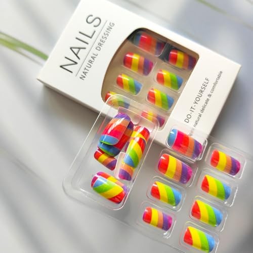 Rainbow Press on Nails Medium Square Fake Nails with Colorful Stripes Style 7