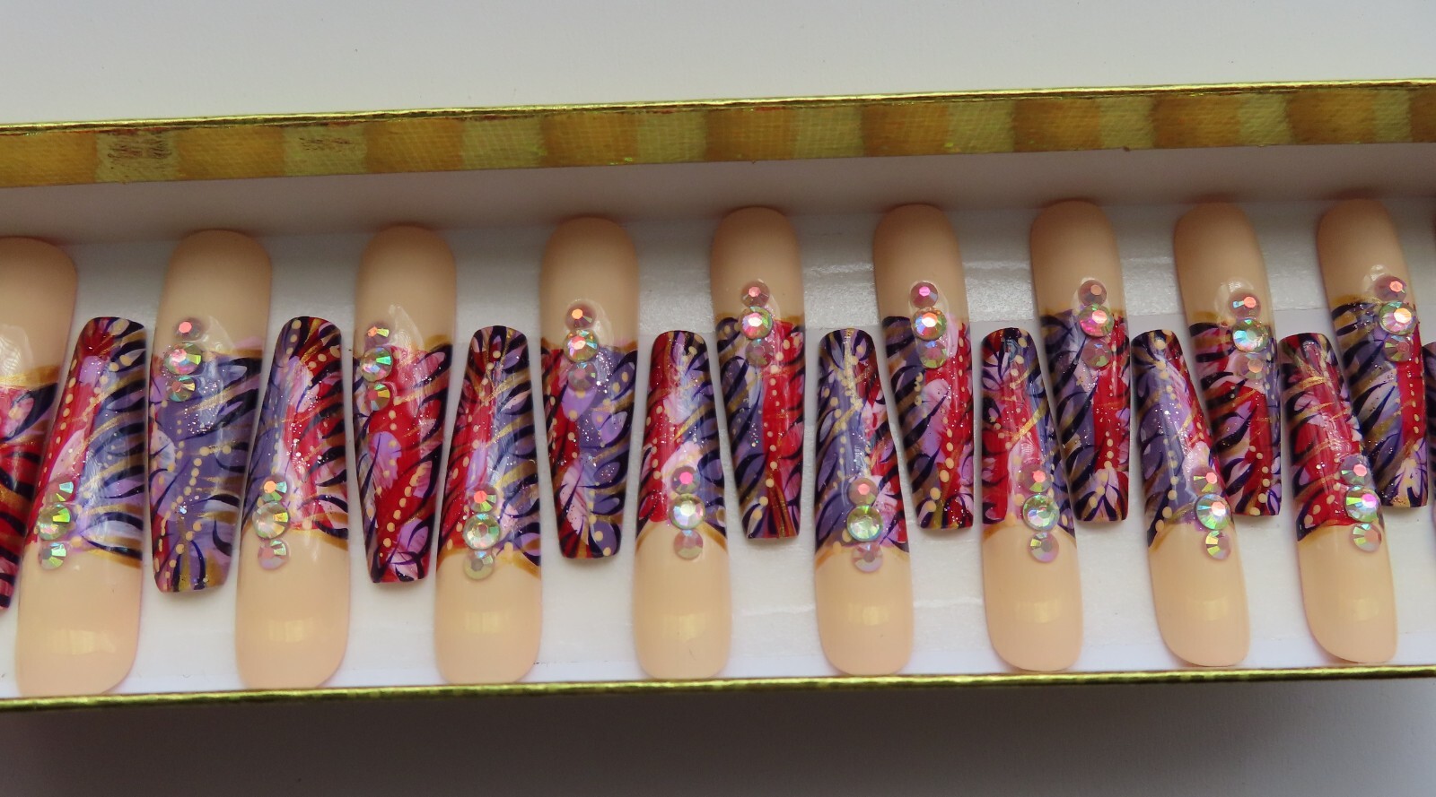 XL Red Purple Cream Gold Metalic Black Bling Abstract Tip Coffin Press On Nails